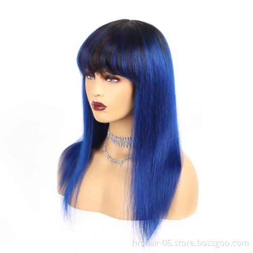 100% human hair T1B/Blue Color Brazilian Remy hair wigs with Bangs Full Machine Made Wigs no Lace wigs For Women